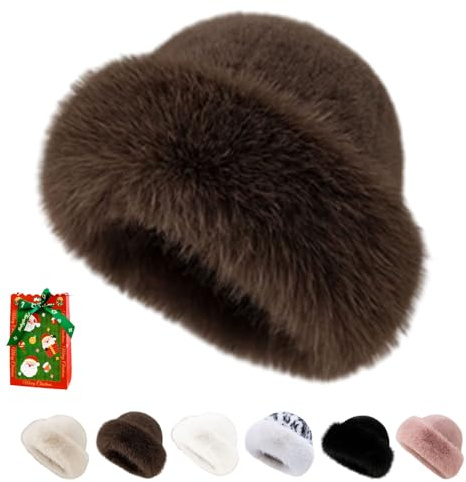 Cappello da donna invernale in pelliccia sintetica, Cappello da pescatore in pelliccia sintetica di coniglio, Marrone, Taglia unica