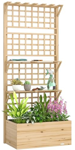 Outsunny Jardinera con Enrejado y Techo de Madera, Jardinera Exterior Grande para Plantas Trepadoras, con 2 Estantes, Drenaje y Forro, Macetero Elevado para Patio, Terraza, 76x43,5x177 cm, Natural
