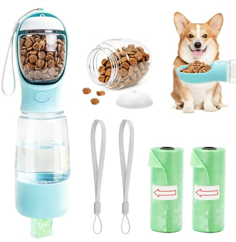 Gourde pour chien - 400 ml - Avec récipient à nourriture de 150 g - Anti-fuite et 2 distributeurs de sacs à déjections canines - Pour chiots et chats