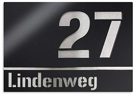Metzler Hausnummer Edelstahl, individuelles Hausnummernschild in Schwarz, Straßenschild mit Hausnummer, V2A, rostfrei und gebürstet, 3D-Effekt, einfache Montage, Made in Germany, Größe: 25 x 17,5 cm