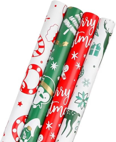 DERAYEE Presentpapper jul, presentpapper, 4 olika mönster, presentpappersset (4 rullar)