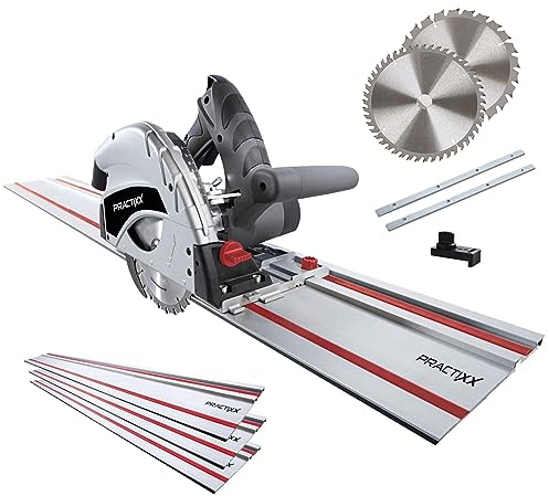 Practixx Tauchsäge PX-TS-55 mit 3x 500mm Führungsschiene | inkl. 2.Sägeblatt (24Z + 48Z) | 1200W | Schnitttiefe 55mm | Ø160mm | Schrägstellung 0 bis 45° Schnitte + Kippschutz | Handkreissäge