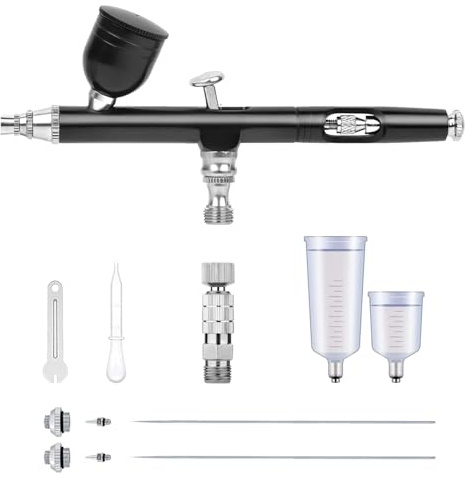 Magicrose Dual Action Airbrush Kit, Gravity Feed Air Brush Gun with 3 Needles (0.2/0.3/0.5mm) & 3 Cups (7/20/40cc), Precision Spray Paint Set for Models, Warhammer Miniatures, Cake Decorating, Nail Ar