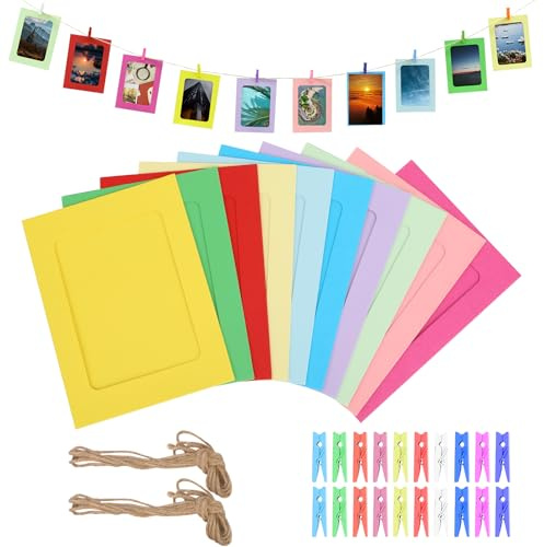 KALIONE Lot de 20 cadres photo en papier colorés de 10,2 x 15,2 cm avec clips et ficelle de jute pour la maison, le bureau, l'école, les fêtes