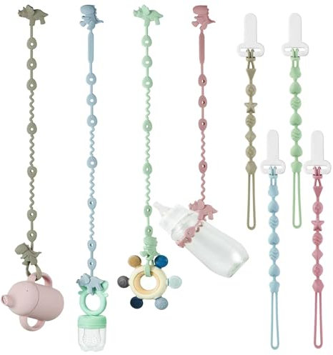 PandaEar Pack de 8 Correas para Juguetes de Bebé y Clips de Chupete de Silicona, Correas Arnés para Mordedor de Chupete de Dinosaurio y Clips Sujetadores de Chupete para Niños y Niñas