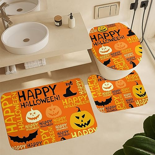 3 Pcs Bath Mats Halloween Bats Pumpkin Soft U Shape Wc Toilet Rug Novelty Toilet Cushion Durable Bath Mat Set