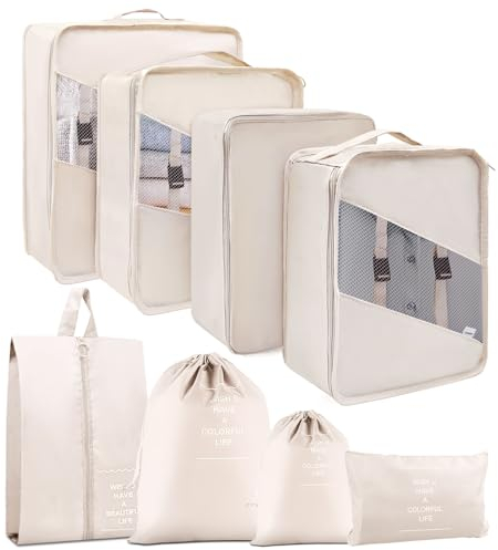 MOFELON Koffer Organizer - 8 Stück, Packing Cubes, Packwürfel für Rucksack, Travel Organizer Packtaschen Set mit Kleidertaschen Schuhbeutel Wäschebeute Kosmetiktasche, Reise Gadgets-beige