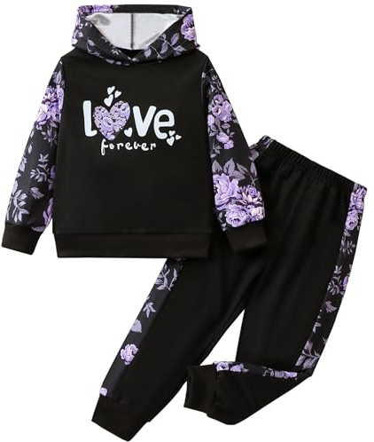 L SERVER Survêtement Fille Imprimés Ensembles Enfant Jogging à Capuche 2 Pièces Vêtements de Sport pour Printemps et Automne, Violet, 8-9 ans
