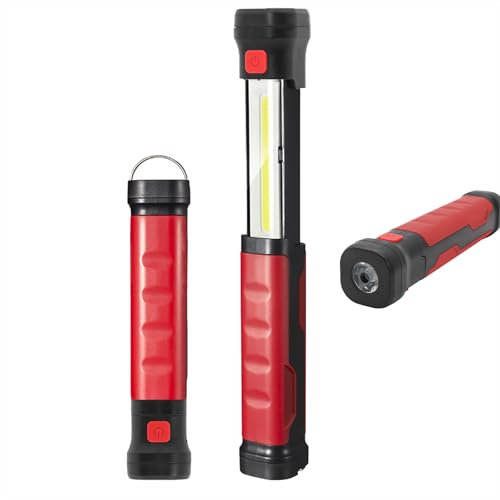 AuRiver LED Arbeitsleuchte Werkstattlampe Inspektionslampe, 2 in1 herausziehbares Licht mit Magnet, Werkstattlampe mit 2000 mAh, COB Notlicht für Autoreparatur Werkstatt und Camping (Rot)
