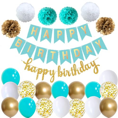 Happy Birthday Décoration Guirlande Anniversaire Fille Blancs et Turquoise Ballons 6 Pompons Décoration Banderole Joyeux Anniversaire