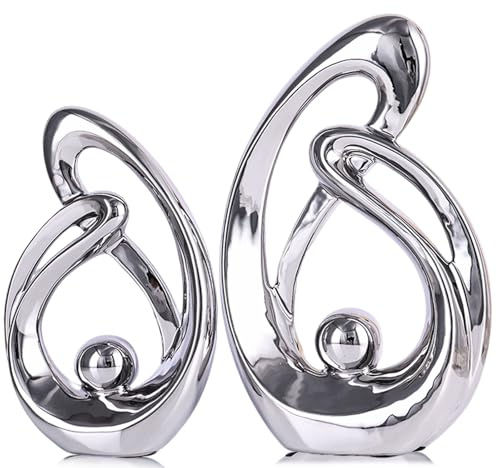 Heminredningsdetaljer, Porslinskonst Bokhylledekorationer från mitten av århundradet, Guldfärgade bordsdekorationer, Abstrakt keramisk staty, skulptur för soffbord (Silver, Stor)
