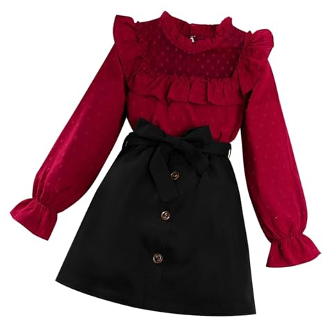 Ensembles Enfant Fille 8-12 ans Tailleur Habillée Chemise Manche Longue Et Jupe Fille Chic et élégant Pas Cher Ample Mignon Confortable Fashion Léger a la Mode Casual Vacances (Red, 9-10 Years)
