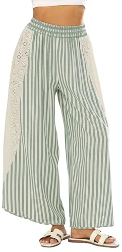 Athlisan Womens Summer Casual Loose Striped Wide Leg Lounge Pants Elastic Waist Palazzo Trousers(Green-L)