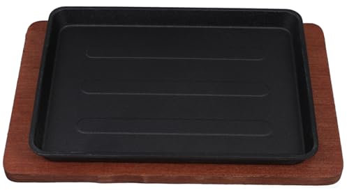 TOPPERFUN Cast Iron Steak Plate Griddle Pan Square BBQ Plate Wooden Base Induction Hob Compatible Versatile