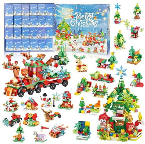 TZEKING 2025 Calendario de Adviento de Navidad Tren de Bloques,699 Piezas Bloques Árbol de Navidad,Calendario Adviento Juguetes 12 in 1,Adultos y Niños 24 Días Juego de Bloques de Navidad