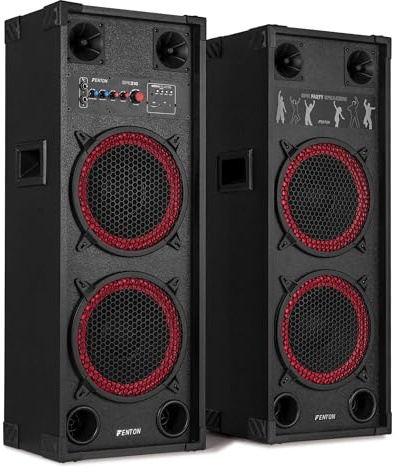 Fenton SPK-210 PA Anlage Aktiv Komplettset 1200 Watt – Party Lautsprecher Paar mit Bluetooth & USB – DJ Anlage Boxen Musik – 2X 10 Doppel-Woofer Standlautsprecher – Musikbox Groß für Karaoke & Events