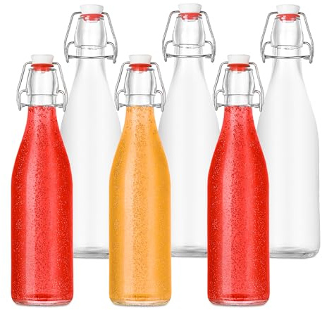 Botellas Relaxdays para Rellenar, Set de 6, 500 ml, Cierre de Alambre, Botella de Vidrio para Aceite, vinagre, licores.