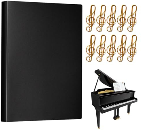 Carpeta para Partituras,Carpeta Partituras 40 Páginas Con 10 Clips para Partitura, Carpetas de Plástico Impermeable para Guardar Partitura, Documentos, Papeles y Archivos (Negra)