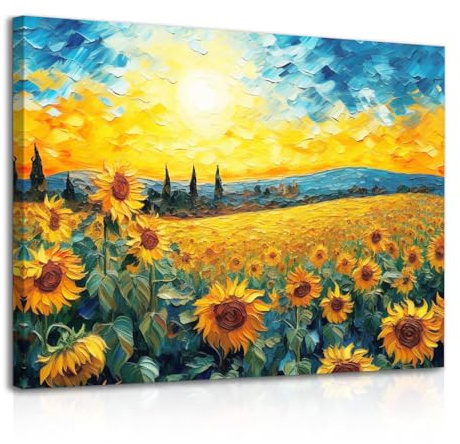 Dazzlewall Cuadro Decorativo de Pared Botanico Vintage, Cuadro al Oleo Girasol Amanecer Cielo Azul, Poster Rustico Estetico para Dormitorio Baño Salon Impresiones en Lienzo 30x40 cm Enmarcado