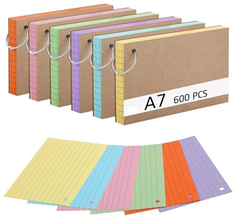 600 Pièces Flash Cards A7, Cartes d’index Couleurs avec Anneaux de Reliure