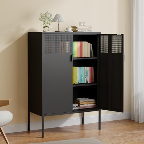 FIRMET 2 Mesh Door Metal Storage Cabinet with Adjustable Shelves, 3 Tier Steel Office Storage Cabinet 47''H Multipurpose Black Storage Cabinet, Metal Locker Storage Cabinet for Office, Home, Hallway