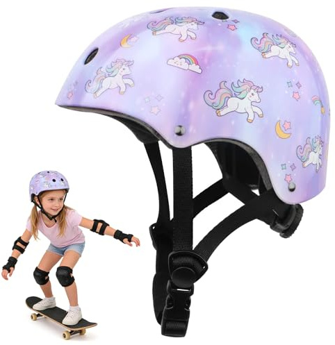 DUZSKJ Casco da bicicletta regolabile per bambine, casco per bambini, casco da skate, casco protettivo per skateboard, bicicletta, monopattino, pattini in linea, ciclismo (Viola, S)