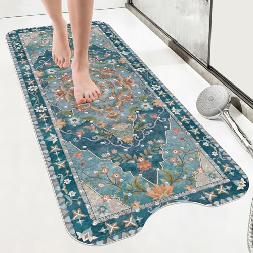 SHUCHING Alfombra de Bañera Antideslizante, Alfombra Ducha Antideslizante, Alfombrilla Bañera Baño Antimoho y Lavable a Máquina Sin BPA, Azul Floral Vintage