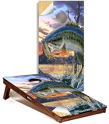 GRAPHIX Express - Fish Cornhole Board Wrap - C220 Bass Fishing - Laminated Weatherproof Vinyl Decal - Easy Bubble-Free Application - Stickers Dimensions: 2' x 4' - Set of 2