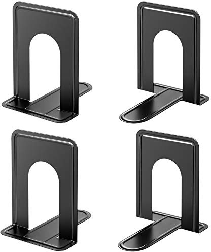 MaxGear Premium Matte Painted Book Ends, Heavy Duty and Sturdy Bookends for Shelves, Office Non-Skid Metal Book End Stopper for Books/CDs/DVDs, 6 x 4.6 x 6 in, Black, 2 Pairs/4 Pieces, Large