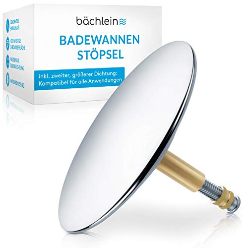 Bächlein Universal Badewannenstöpsel - ⌀ 7,2 cm Stöpsel für Badewanne [Chrom] - Abfluss-Stopfen aus Messing inkl. Ersatzdichtung - Für Fast Jede handelsübliche Badewanne