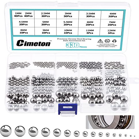 Cimeton Loose Bicycle Bearing Steel Ball Precision Balls Assortment Kit for Bicycles Casters (Bearing Steel, Mixed Sizes 330PCS)