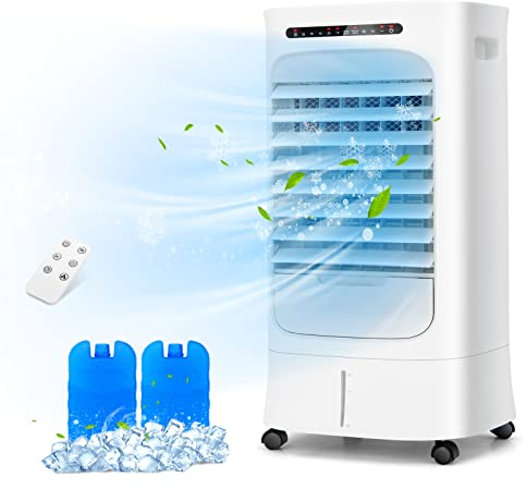 RELAX4LIFE Luftkühler, 4 in 1 Mobile Klimaanlage, 10L Wassertank & 15H Timer, Luftkühler & Ventilator & Luftbefeuchter & Nachtmodus, Air Cooler mit Rollen & Fernbedienung & 2 Kühlakkus, Weiß