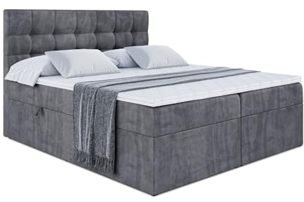 ALTDECOR Boxspringbett mit Matratze und Lattenrost, Boxbett, Topper, Polsterbett mit Bettkasten, Bett mit Stauraum H4-Matratze, Doppelbett, Springboxbett - BERO - 180x200 - Dunkelgrau Samt
