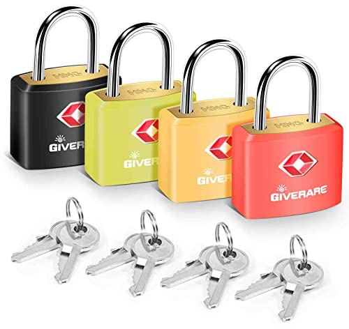 4 Pack TSA Approved Travel Luggage Locks with Keys, Solid Brass Copper Keyed Padlock, ABS Plastic Covered Small Locks for Suitcase, Backpack, Gym Locker, Jewelry Box-by GIVERARE