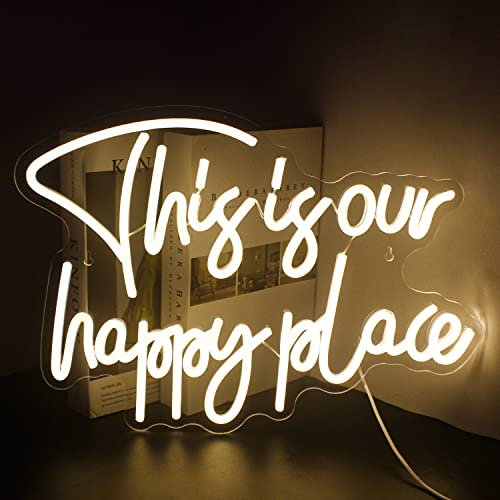 Looklight This is Our Happy Place Neonschilder für Wanddekoration Warmweißes LED-Neonschild USB Hochzeit Schilder Zimmer Neon Signs für Schlafzimmer Kinderzimmer Shop Geburtstag Party
