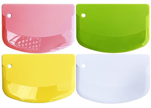 CEWIFO Hard Bench Scraper Dough Scraper for Baking, 4 PCs BPA Free PP Plastic Flexible Dough Cutter, Food-Safe Plastic Bread Making Tools Cake Dough Fondant Icing (White, Green, Yellow, Pink)