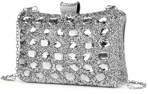 BAIGIO Strass Clutch Damen Glitzer Abendtaschen Glänzende Damen Silber Clutch Tasche Kleine Brauttasche Elegant Handtasche Umhängetasche für Party Hochzeit Kettetasche