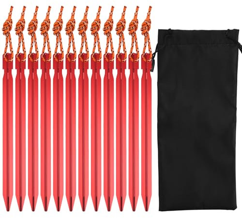 12Pcs Y Shape Aluminum Alloy Tent Stakes, 18cm Triangular Camping Pegs, Red Lightweight Storm Pegs, Metal Tent Pegs With Reflective Rope Storage Bag, Heavy Duty Hiking Rock Pegs for Outdoor Beach