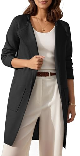 Timuspo Women's Long Cardigan, Open Front Coatigan, Solid Color Sweater, Draped Pullover, Knitted Jacket, Casual Elegant Autumn, Winter Knitted Coat with Pockets, black, M