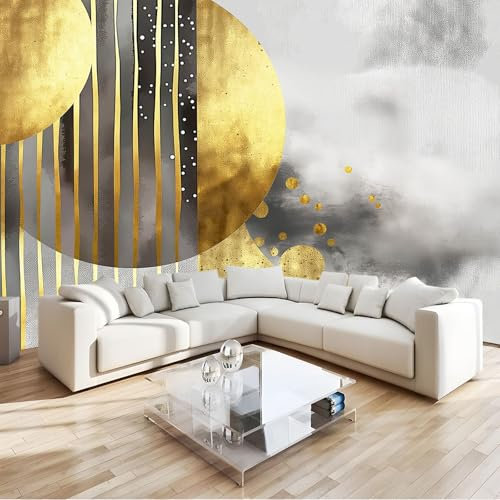 Gris Papier Peint Intissé 3D Rayures Dorées Abstraites Panoramique Fresque Murale, Pour Salon & Chambre Fond Tv Décoration - (Facile À Poser) 200 X 140 Cm