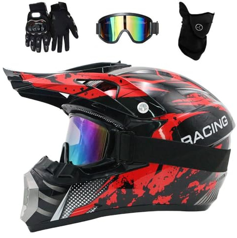 Juventud Enduro Integral Casco de Motocross, con Gafas Guantes Mascarilla, Unisexo Off Road ATV Moto Casco, BMX MTB Downhill Quad Dirt Bike Casco, Regalo para Niños Niñas(CC,S/52-53CM)