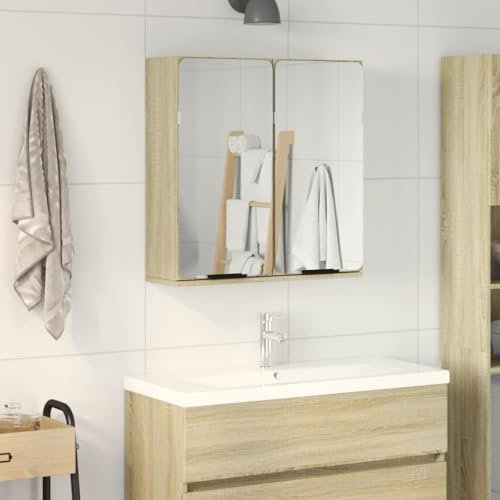 Sufrk Mueble de baño con espejo de roble Sonoma 64,5 x 20 x 66,5 cm, aglomerado, armario de baño suspendido de pared, armario para ahorrar espacio, mueble de cocina, dormitorio o lavadora
