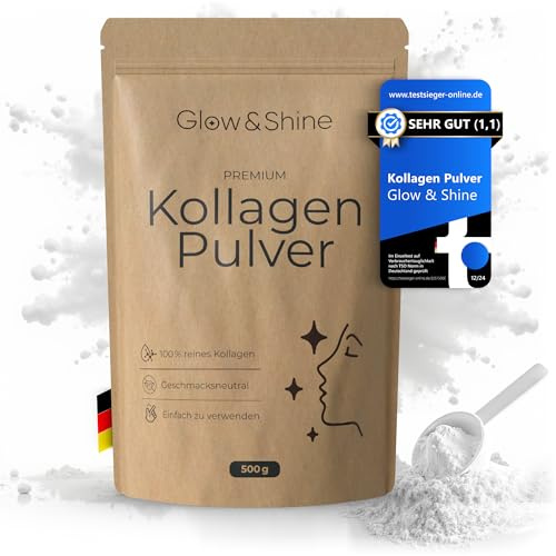 Glow & Shine Collagene Polvere 500 g – Idrolizzato Premium [Imbottito in Germania] | 100% puro e senza additivi | insapore | peptidi di collagene tipo 1 e 3 | Solubilità perfetta
