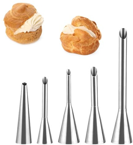 Boutihao Lot de 5 Douille de Pâtisserie Petit Choux, Douille à garnir Inox pour Divers Desserts, Cupcake Puffs Injection Seringue, Embouts Poches à Douille, Décoration Gâteau Dessert