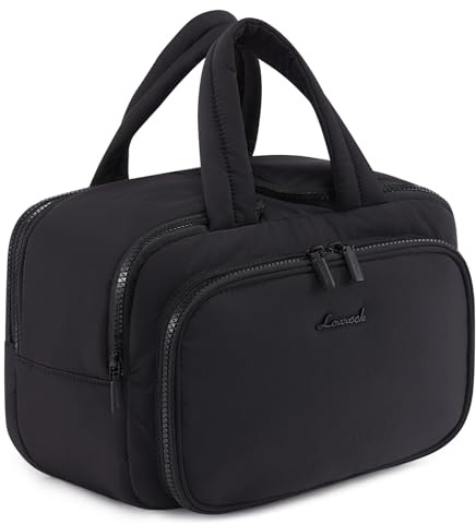 LOVEVOOK Kulturtasche Damen Groß, Leichte Reise Kosmetiktasche Weit Offene Kulturbeutel mit Nassfach, wasserdichte Waschtasche Make up Tasche Beauty Case mit Griff für Reisen Urlaub, Schwarz