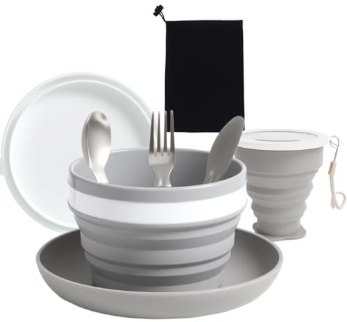 Set da campeggio pieghevole 6 in 1 – Contiene coltello, cucchiaio, forchetta acciaio inox, tazza, scodella, piatto e rete. Perfetto per viaggi, trekking, picnic e campeggio