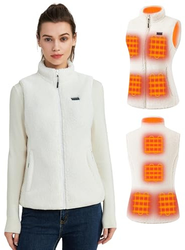 Hecusma Blanc Polaire Gilet Chauffant Femme avec 16000mAh 7.4V Batterie incluse, Polaire Femme Gilet Chauffant Electrique, Sherpa Gilets pour Ski Extérieur-M