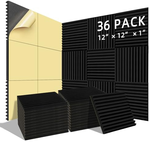 WELSTIK Lot de 36 panneaux acoustiques en mousse de 30,5 x 30,5 x 2,5 cm – Panneaux insonorisants en mousse pour studio – Pour mur et plafond – Noir