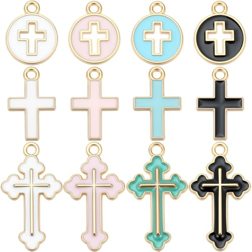 SUNNYCLUE 1 caja con 96 colgantes de Cruz Esmaltados En 12 estilos Diferentes, Ideales para Pendientes de Pascua. Incluye Colgantes de Aleación de Oro, Planos Y Redondos, con Forma de Crucifijo, con A