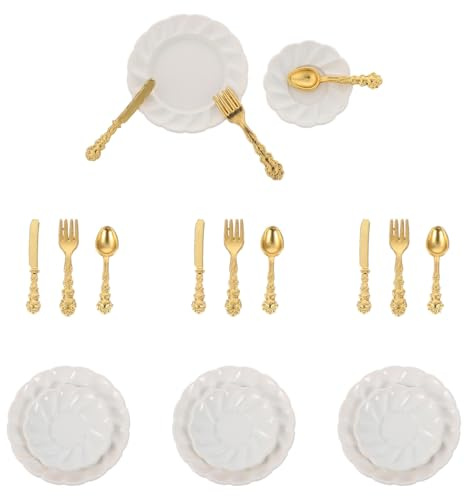 YARNOW 12 para Casa de Muñecas Vajilla de Aleación Metálica Plato de Pastel Cuchillo Tenedor y Cuchara Accesorios de Cocina en Miniatura para Decoración y Juegos